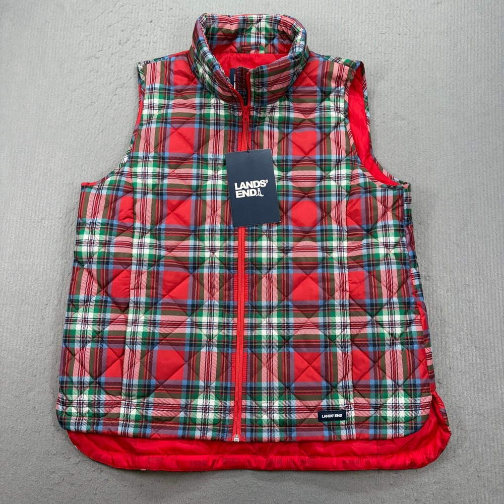 Lands' End Insulated Vest Kids L 14-16 Red Plaid Quilted Water Resistant New